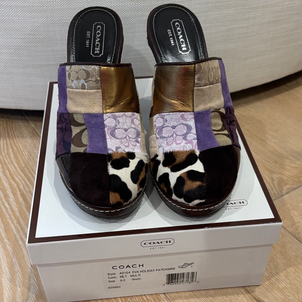 Coach Eva Patchwork Women's Patchwork Mules Clogs - Gold, Purple, Brown
